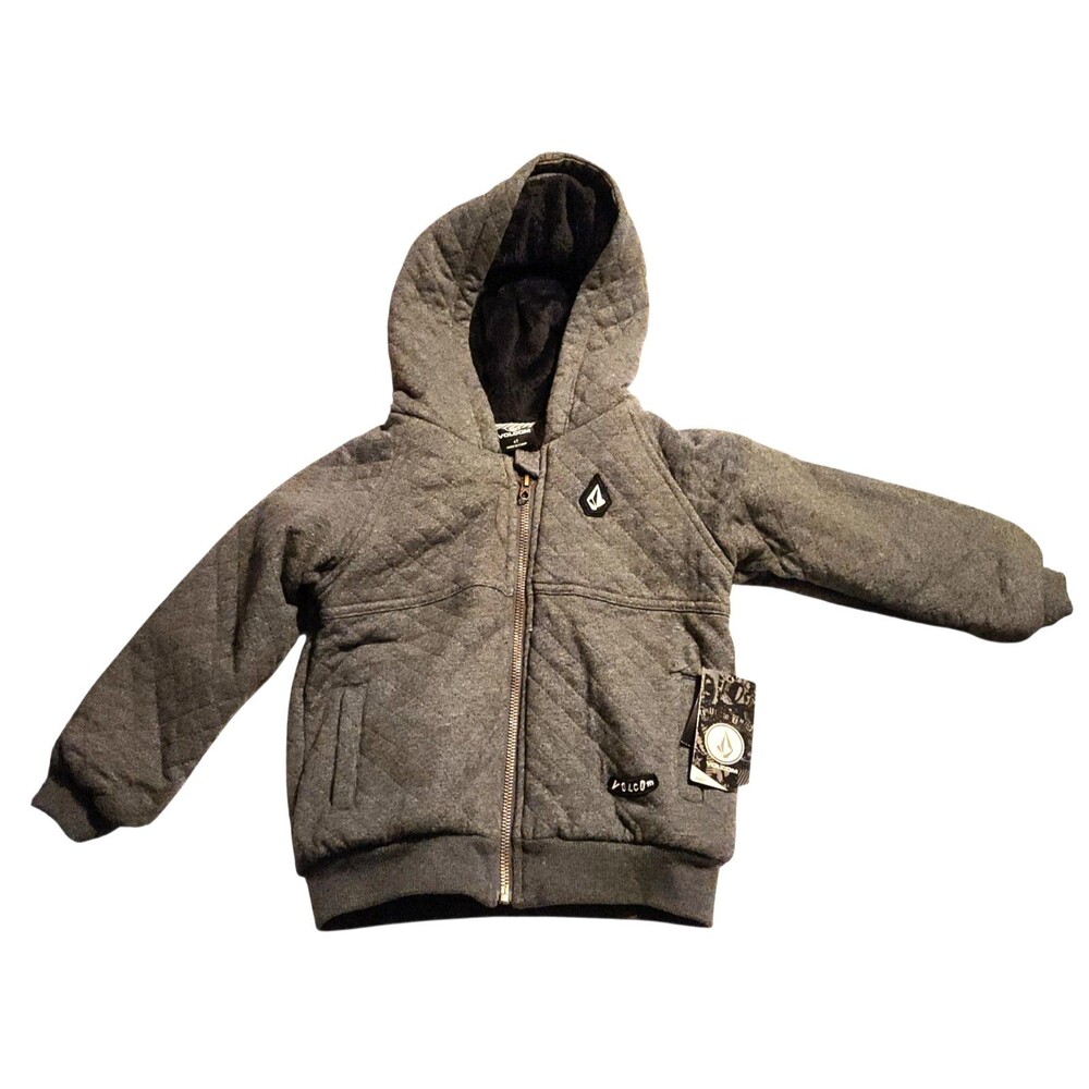Volcom Fleece Lined Quilted Hoodie Jacket Gray w/ Black Lining Kids Size 4T